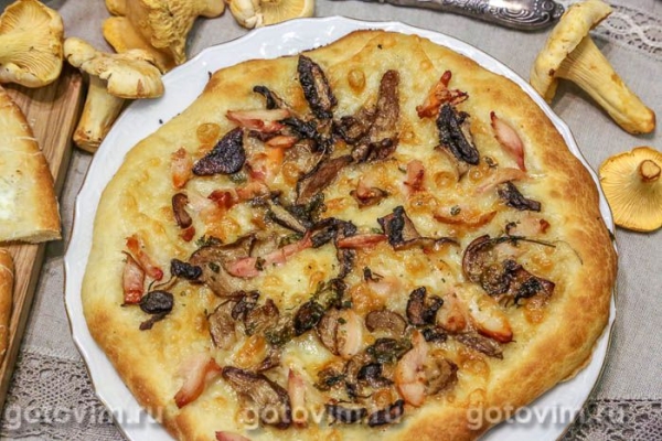 Пицца с белыми грибами, моцареллой и копченой курицей Пицца с белыми грибами, моцареллой и копченой курицей