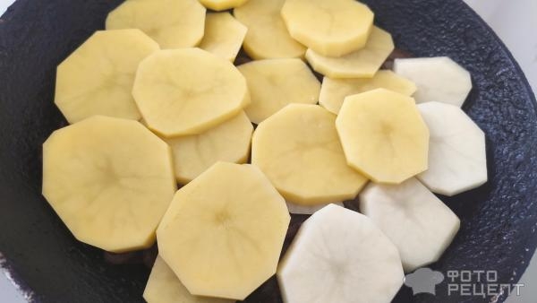 Рецепт: Говядина тушеная - с картофелем, белыми грибами и молоком