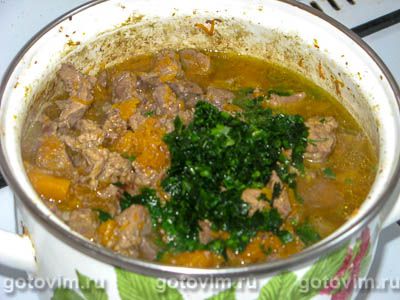 Куриная печень и сердечки, тушенные с тыквой Куриная печень и сердечки, тушенные с тыквой