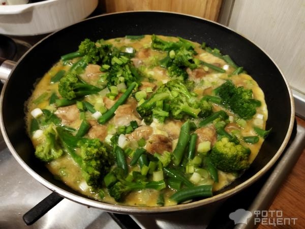 Рецепт: Куриное филе с брокколи и стручковой фасолью - на сковороде с яйцами и зеленью Рецепт: Куриное филе с брокколи и стручковой фасолью - на сковороде с яйцами и зеленью