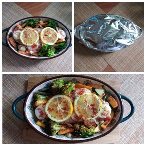 Морской окунь, запечённый с овощами