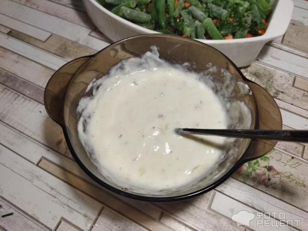 Рецепт: Куриное филе со стручковой фасолью - под творожной заливкой в духовке Рецепт: Куриное филе со стручковой фасолью - под творожной заливкой в духовке