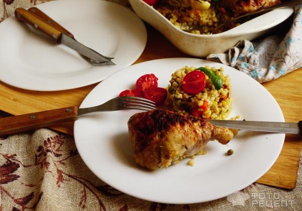 Рецепт: Окорочка во французском стиле с булгуром - с вялеными помидорами, моцареллой и базиликом Рецепт: Окорочка во французском стиле с булгуром - с вялеными помидорами, моцареллой и базиликом