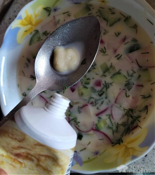 Рецепт: Окрошка на молочной сыворотке - С сывороткой, кефиром и соевым соусом Рецепт: Окрошка на молочной сыворотке - С сывороткой, кефиром и соевым соусом