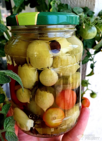 Рецепт: Зеленые помидоры маринованные - Зелёные черри на зиму без стерилицации Рецепт: Зеленые помидоры маринованные - Зелёные черри на зиму без стерилицации