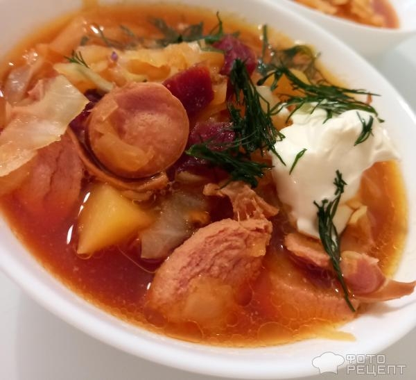 Рецепт: Борщ по-львовски - "Борщок из свёклы с ветчинкой и с сосисками". По Чехову. Рецепт: Борщ по-львовски - "Борщок из свёклы с ветчинкой и с сосисками". По Чехову.