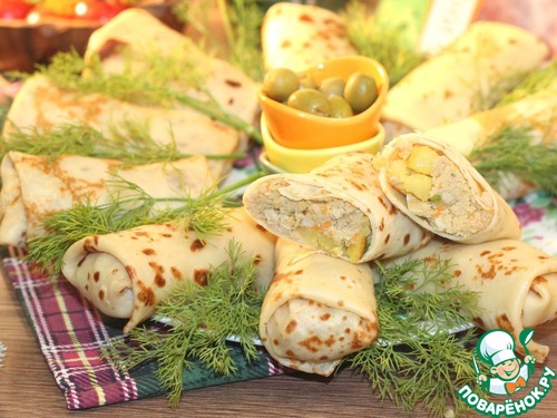 Блинные конвертики с индейкой и картофелем Блинные конвертики с индейкой и картофелем