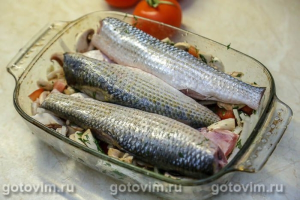 Кефаль, запеченная на подушке из грибов и овощей Кефаль, запеченная на подушке из грибов и овощей