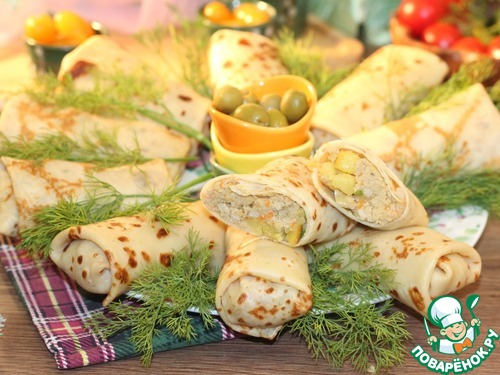 Блинные конвертики с индейкой и картофелем Блинные конвертики с индейкой и картофелем