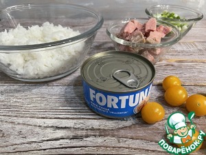 Слойки с тунцом рисом и помидорами черри Слойки с тунцом рисом и помидорами черри