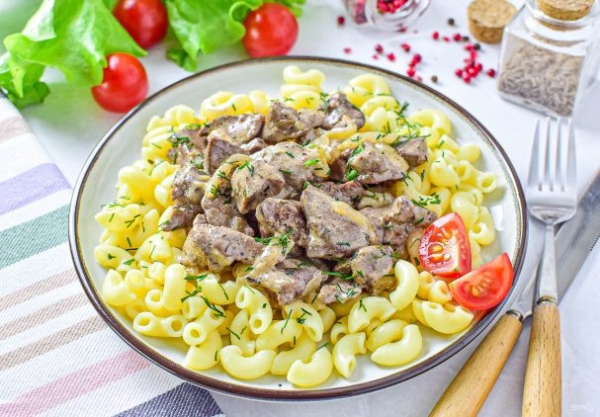 Куриная печень с макаронами Куриная печень с макаронами
