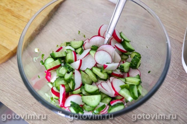 Овощной салат с редисом, огурцом, моцареллой и омлетом