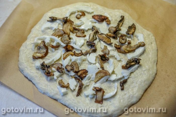 Пицца с белыми грибами, моцареллой и копченой курицей Пицца с белыми грибами, моцареллой и копченой курицей