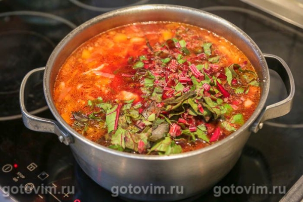 Борщ с мясом и свекольной ботвой