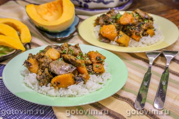 Куриная печень, жаренная с тыквой Куриная печень, жаренная с тыквой