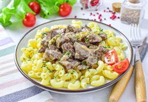 Куриная печень с макаронами Куриная печень с макаронами