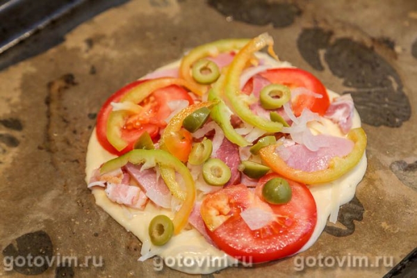 Пицца на кефире с ветчиной, сыром, беконом и помидорами Пицца на кефире с ветчиной, сыром, беконом и помидорами