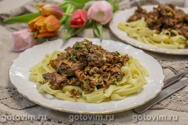 Жареная куриная печень с луком и яйцом