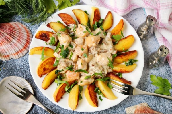 Морской гребешок с картошкой и грибами Морской гребешок с картошкой и грибами