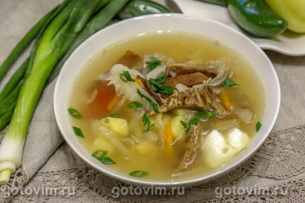 Щи с мясом и солеными грибами