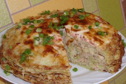 Кабачковый тортик с сыром и мясным фаршем Кабачковый тортик с сыром и мясным фаршем