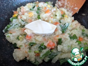 Кальмары, фаршированные рисовой полентой и овощами