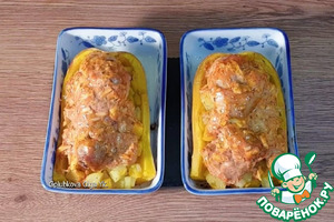 Лодочки из тыквы с овощами и птицей Лодочки из тыквы с овощами и птицей