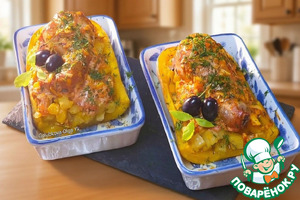 Лодочки из тыквы с овощами и птицей Лодочки из тыквы с овощами и птицей