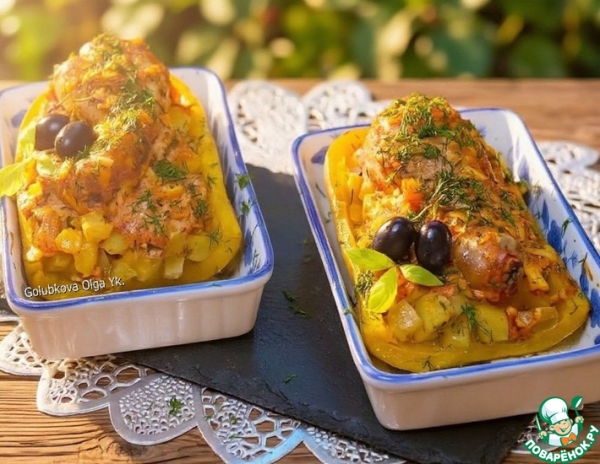 Лодочки из тыквы с овощами и птицей Лодочки из тыквы с овощами и птицей
