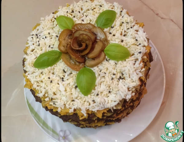 Печеночный торт с грибами
