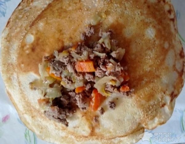 Рецепт: Блины с сочной мясной начинкой - С добавлением лука, моркови и тыквы. Рецепт: Блины с сочной мясной начинкой - С добавлением лука, моркови и тыквы.