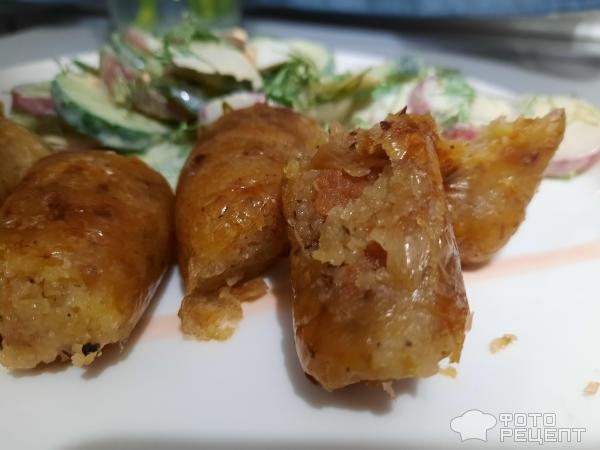 Рецепт: Картофельная колбаса - Бульбяная кишка со шкварками и жареным луком. Рецепт: Картофельная колбаса - Бульбяная кишка со шкварками и жареным луком.