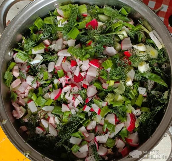 Рецепт: Классическая окрошка на квасе - с зеленью и редиской. Рецепт: Классическая окрошка на квасе - с зеленью и редиской.