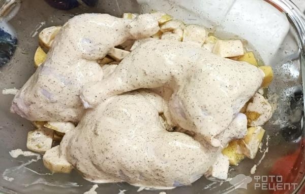 Рецепт: Куриные окорочка запеченные под майонезом - С картошкой, луком и специями с моря Рецепт: Куриные окорочка запеченные под майонезом - С картошкой, луком и специями с моря