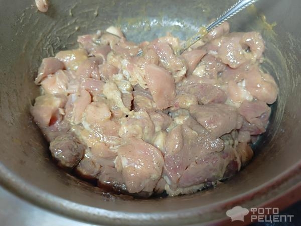 Рецепт: Мясо с горчицей и рисовой мукой - Тушёные с корнишонами, луком и томатной пастой