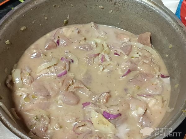 Рецепт: Мясо с горчицей и рисовой мукой - Тушёные с корнишонами, луком и томатной пастой