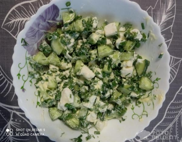 Рецепт: Огуречный салат с моцареллой - с луком и укропом