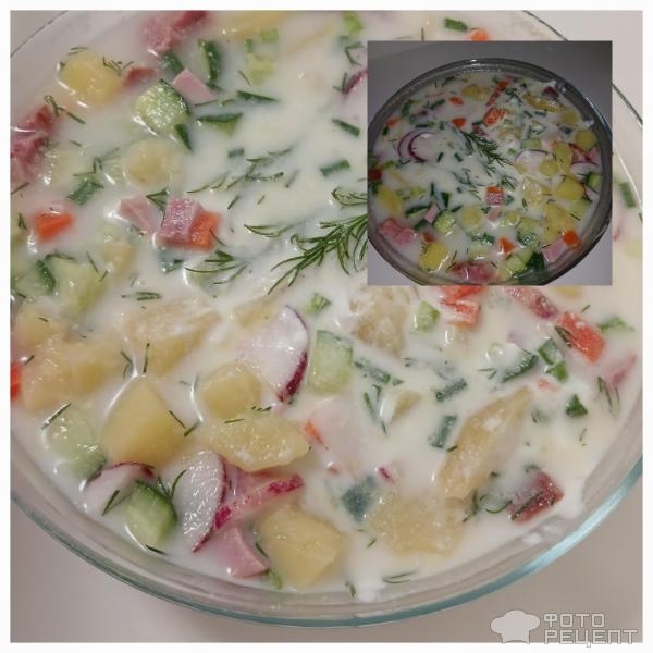 Рецепт: Окрошка на минеральной воде - С копчёной колбаской и заправкой из греческого йогурта Рецепт: Окрошка на минеральной воде - С копчёной колбаской и заправкой из греческого йогурта