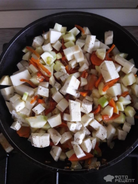 Рецепт: Овощи тушеные, сытные - по домашнему с баклажаном и цукини! Рецепт: Овощи тушеные, сытные - по домашнему с баклажаном и цукини!