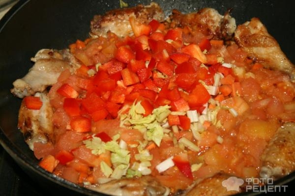 Рецепт: Рис c курицей на испанский манер - с овощами и морепродуктами Рецепт: Рис c курицей на испанский манер - с овощами и морепродуктами