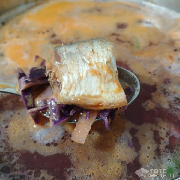 Рецепт: Рыбные томатные щи из красной капусты - С сардиной в томате и стручковой фасолью, очень быстрые рыбные щи. Рецепт: Рыбные томатные щи из красной капусты - С сардиной в томате и стручковой фасолью, очень быстрые рыбные щи.