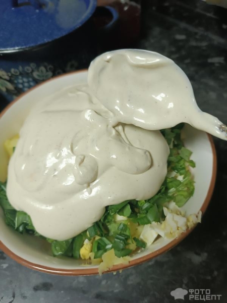 Рецепт: Салат с щавелем, картошкой, яйцами, зеленым луком и горчицей - Заправленный майонезом, сметаной и горчицей Рецепт: Салат с щавелем, картошкой, яйцами, зеленым луком и горчицей - Заправленный майонезом, сметаной и горчицей