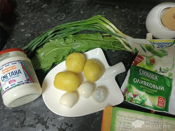 Рецепт: Салат с щавелем, картошкой, яйцами, зеленым луком и горчицей - Заправленный майонезом, сметаной и горчицей Рецепт: Салат с щавелем, картошкой, яйцами, зеленым луком и горчицей - Заправленный майонезом, сметаной и горчицей