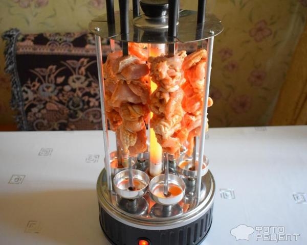 Рецепт: Шашлык в электрошашлычнице - из куриных окорочков в виноградном уксусе Рецепт: Шашлык в электрошашлычнице - из куриных окорочков в виноградном уксусе