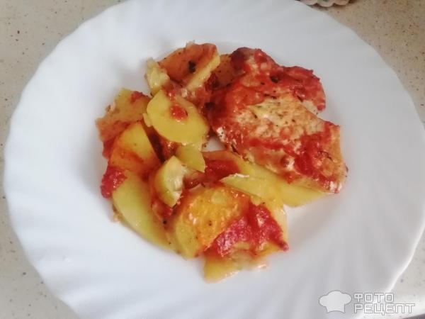 Рецепт: Свинина, запеченная в духовке с рисом и овощами - с томатным соусом Рецепт: Свинина, запеченная в духовке с рисом и овощами - с томатным соусом