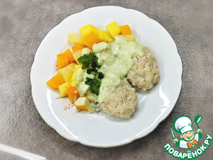 Рыбные котлеты на пару с гарниром и соусом (Диета n1)