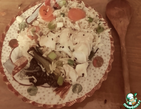 Треска с имбирной зеленью, морковью, рисом