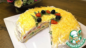 Закусочный торт из лаваша с ветчиной и сыром